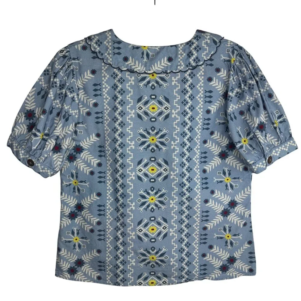 Anthropologie Sz M‎ Blue Floral Geometric Blouse Scallop Collar Twee Schoolgirl
